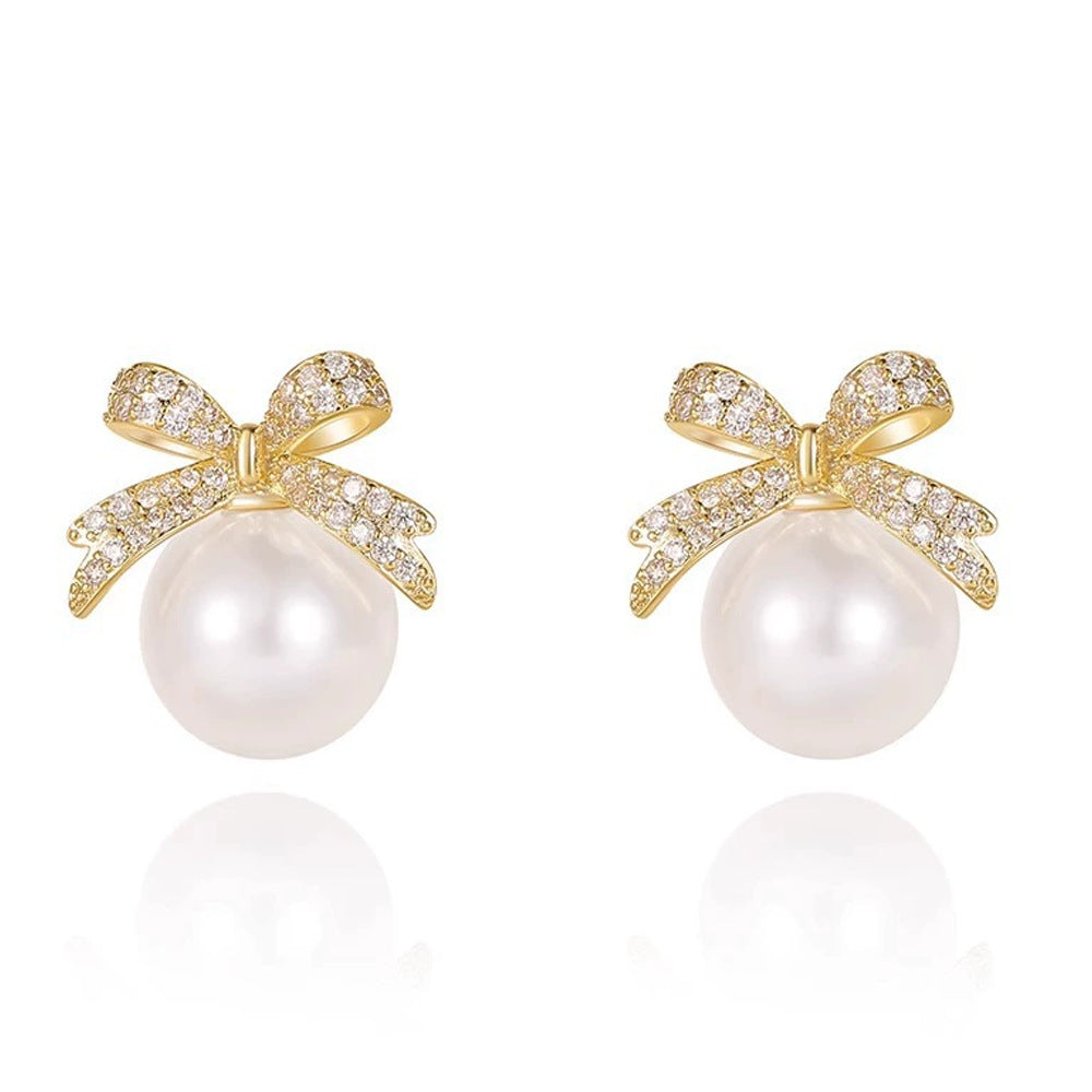 Wholesale Zirconia Bow Pearl Ear Clip Earrings