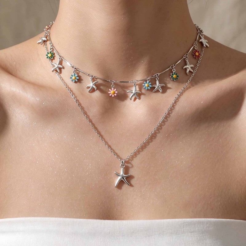 Wholesale Gold Starfish Pendant Double Layer Clavicle Chain With Drop Enamel Flower Design Fashion Jewelry Accessory For Casual Wear