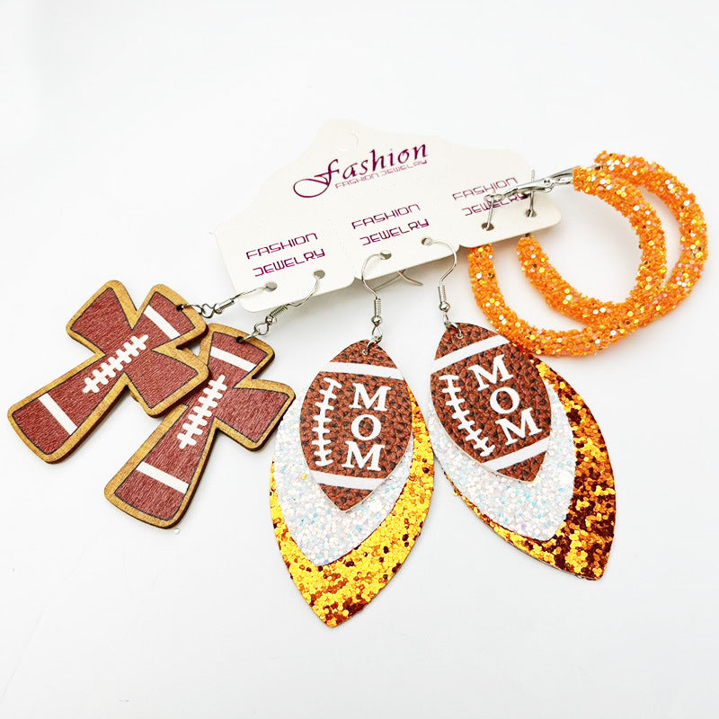 Wholesale 2 Sets Cross Glitter Earrings Rugby Stadium Cheer Football MOM Leather Earrings Set ACC-ES-HY126