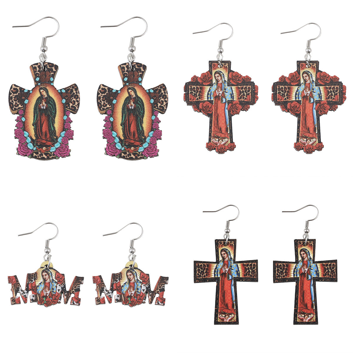 Wholesale  Cross Virgin Mary MOM Pendant Wooden Double-Sided Earrings