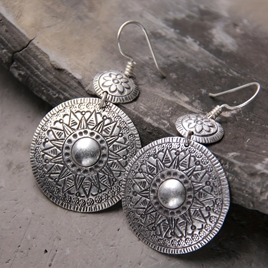 Wholesale Retro Ethnic Patterned Round Drop Earrings Ancient Silver For Everyday Fashion Accessory