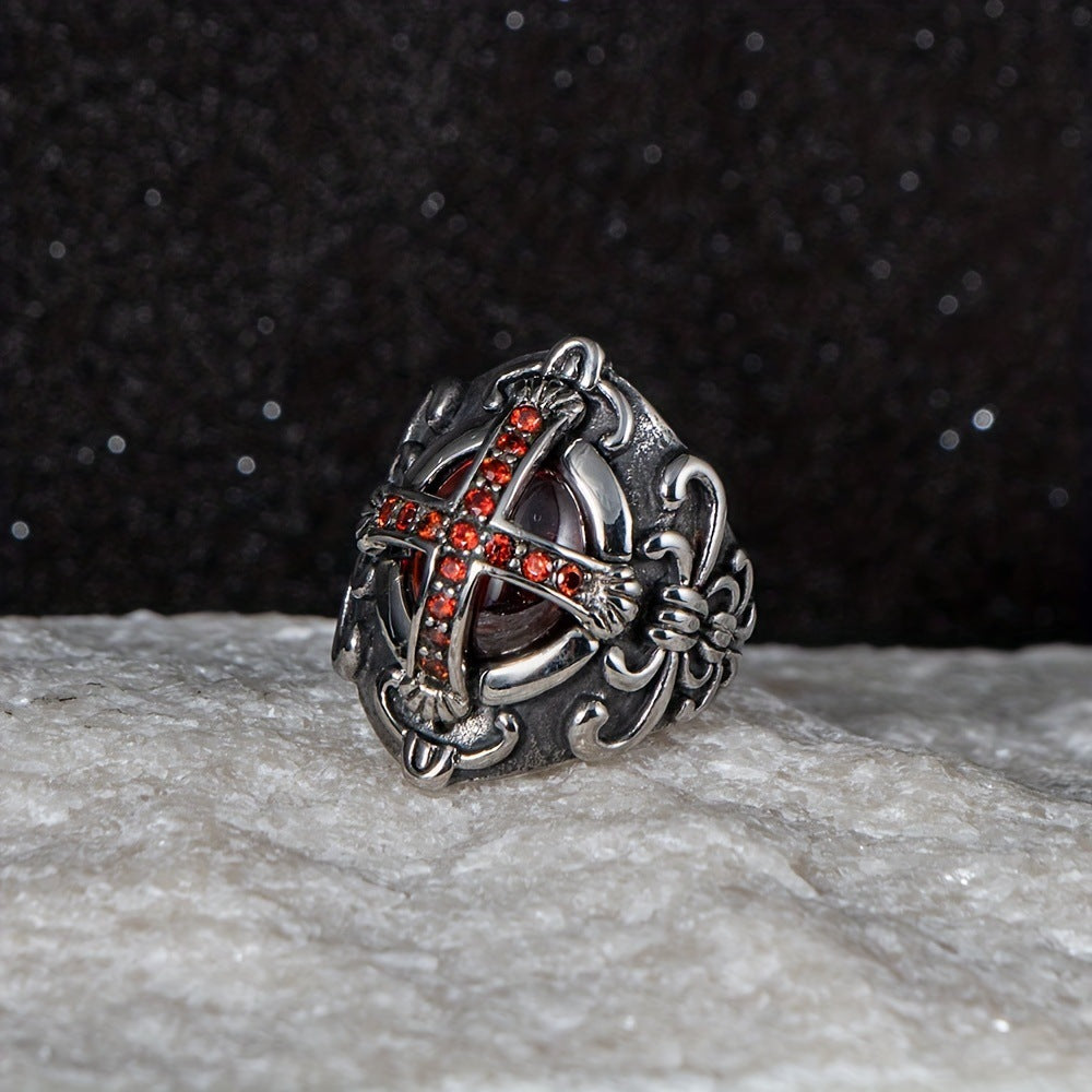 Wholesale Gothic Cross Ring For Men Adjustable Black Ring With Red Rhinestone Trendy Fashion Accessory