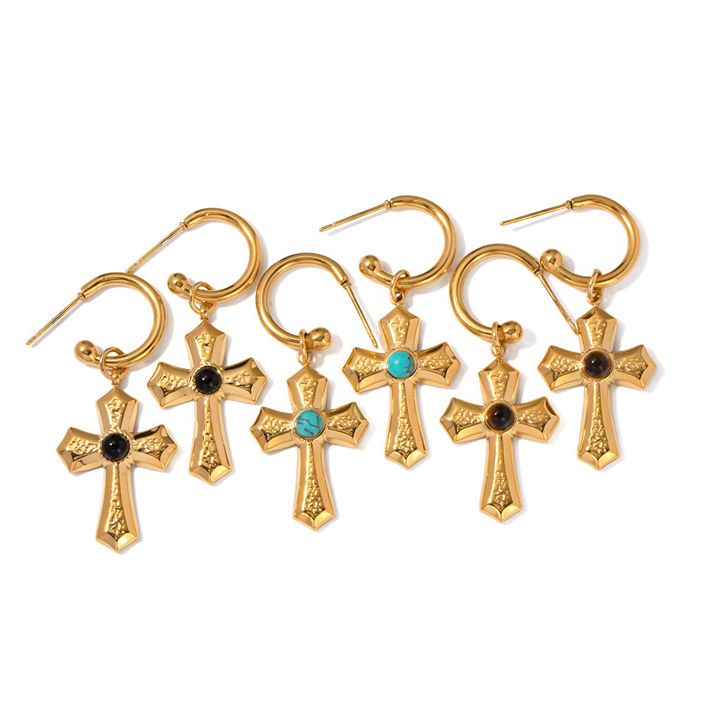 Wholesale Natural Stone Gold Beads Cross Pendant Earrings ACC-ES-WanX007