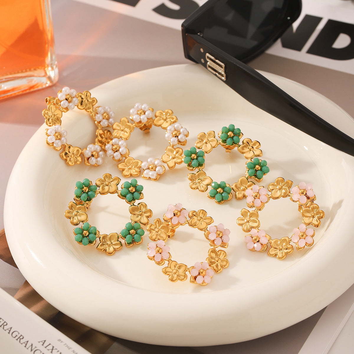 Wholesale  Stainless Steel 18K Gold Pearl Wreath Earrings