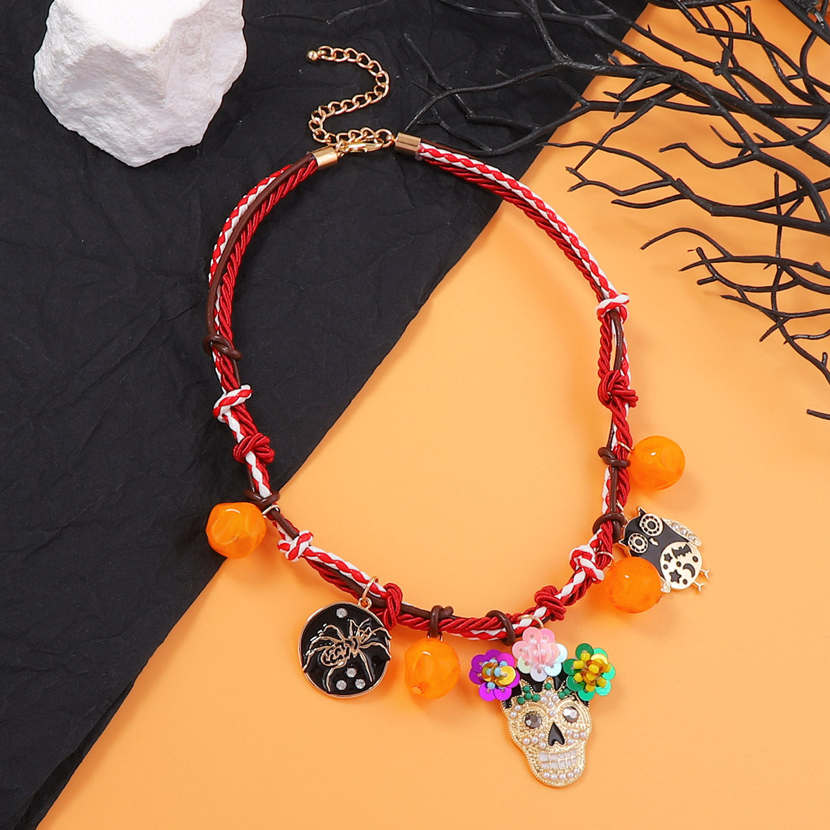 Wholesale  Braided Alloy Oil-Dripping  Owl Skull Necklace