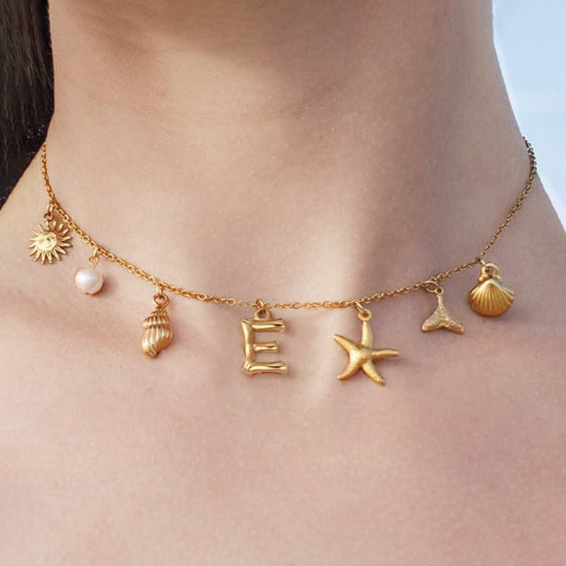Wholesale Bohemian Shell Starfish Gold Electroplated Copper Alphabet Pendant Necklace for Women Fashion Accessory