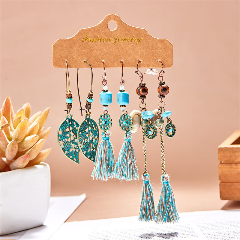 Wholesale Bohemian ethnic style  earrings  all-match long tassel retro combination earrings