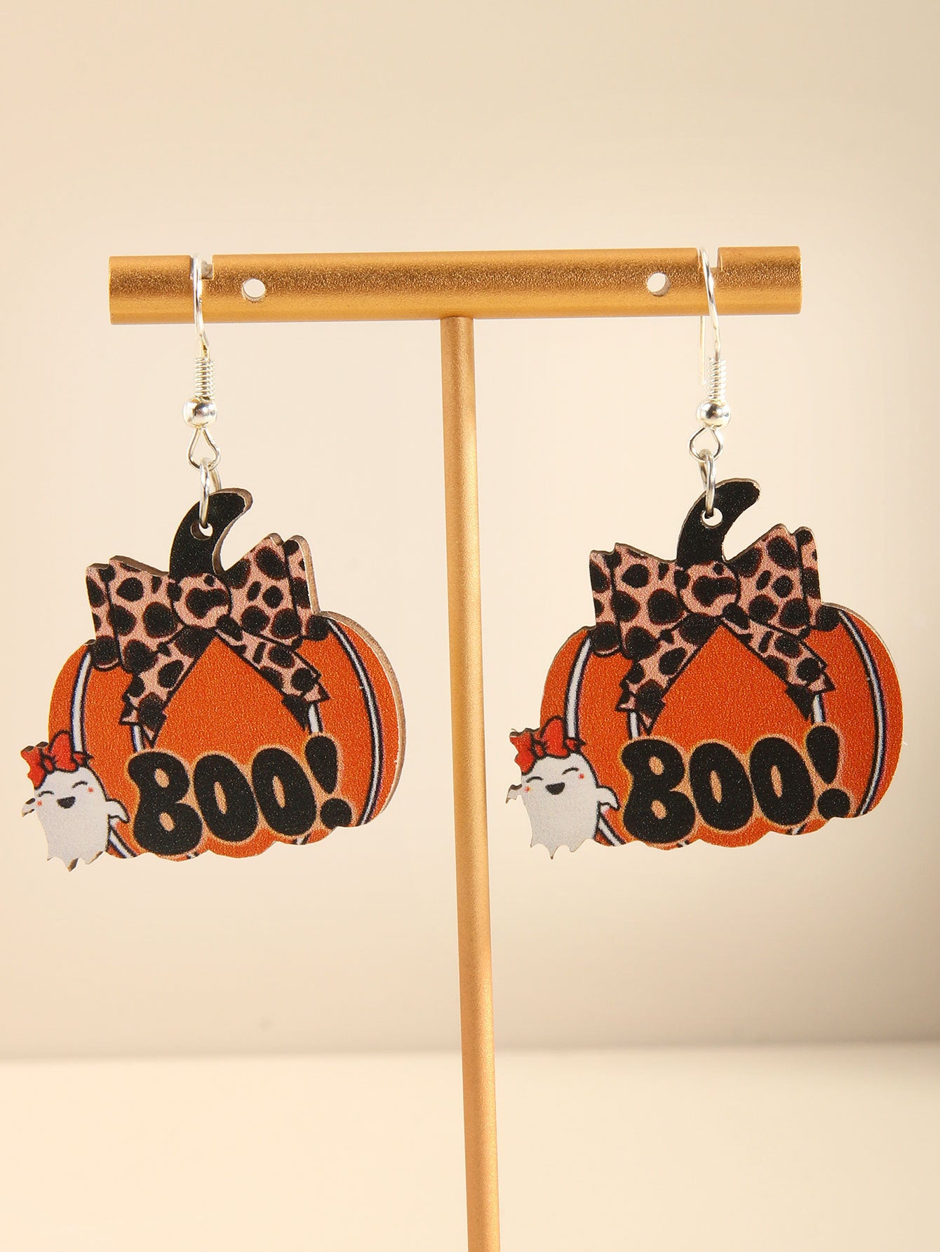Wholesale  Halloween Pumpkin Small Ghost Bow Leopard Print Wooden Pendant Earrings