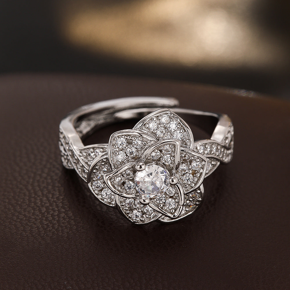 Wholesale Chic Camellia Design Women S Ring Silver Tone Copper Zircon Everyday Wear Jewelry Gift
