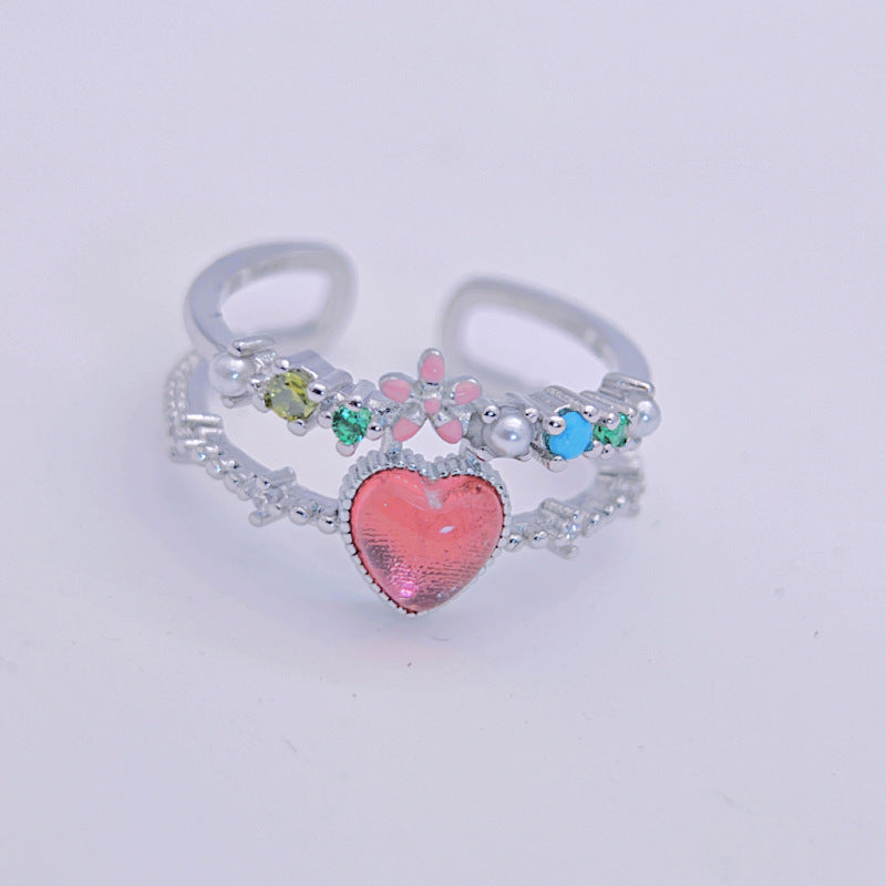 Wholesale Pink Double Layer Flower Love Ring Open Zircon Inlaid Rings ACC-RS-YXY013