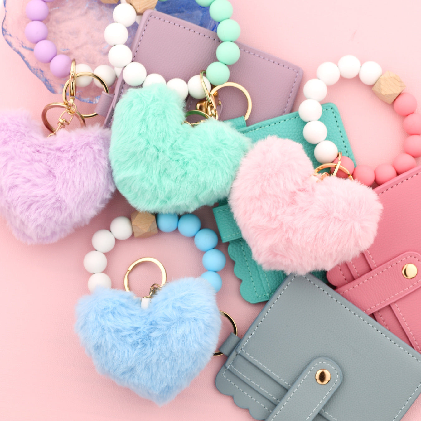 Wholesale  Love Hair Ball Pendant Leather Card Silicone Bead  Wristlet Keychain