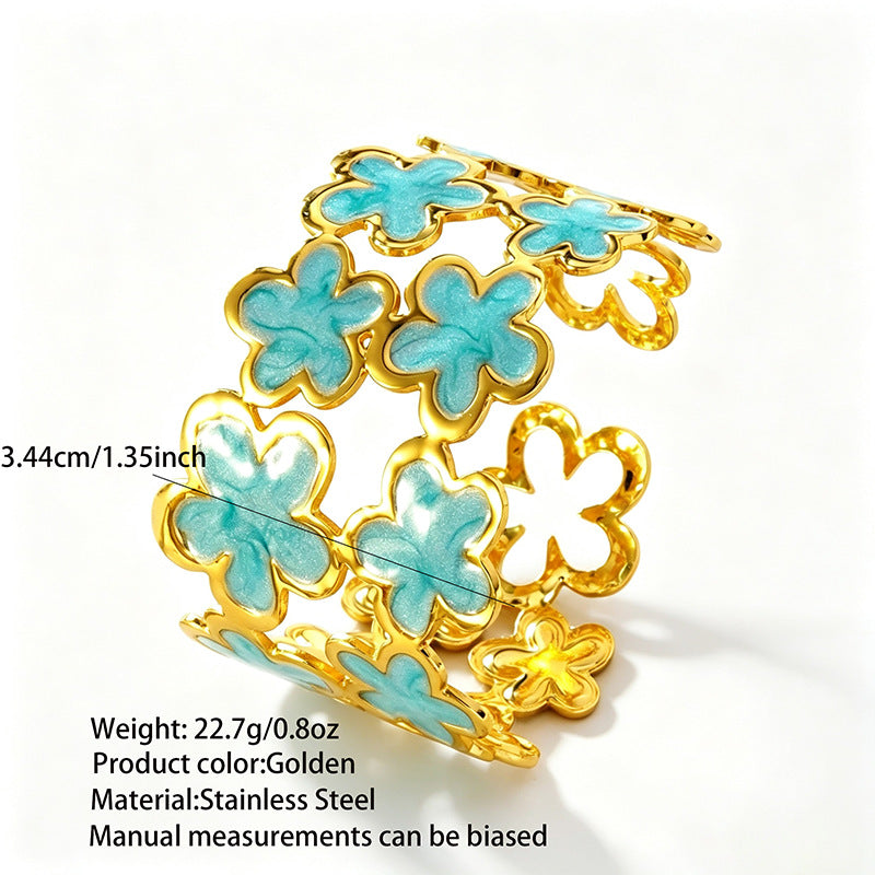 Wholesale Stainless Steel Flower Enamel Open Cuff Bracelet Chic Everyday Jewelry Gift