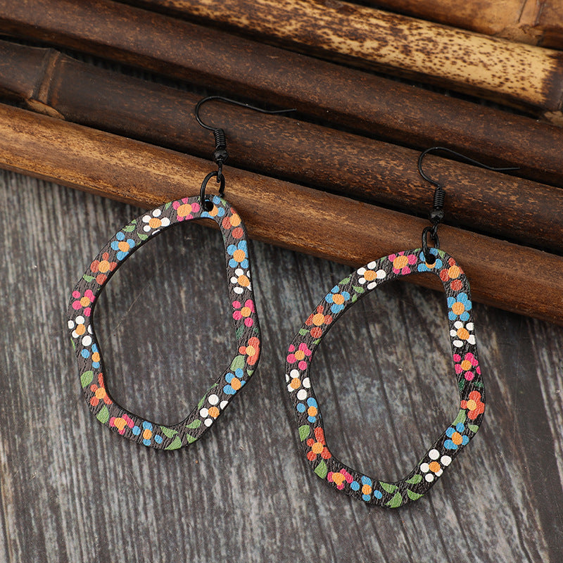 Wholesale Bohemian Style European and American Retro Asymmetrical Geometric Printing Fresh Flower Wooden Earrings Women' s Earrings