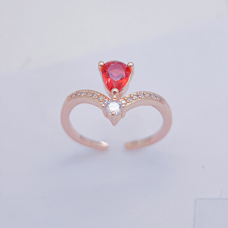 Wholesale Light Luxury Pomegranate Red V-shaped Copper Rings ACC-RS-YXY012