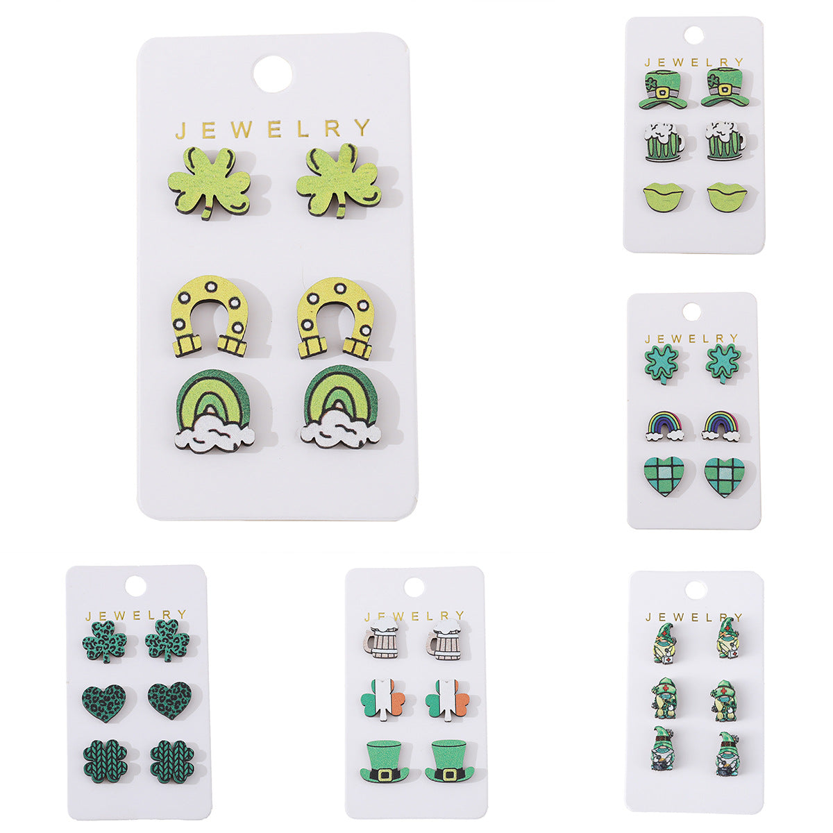 Wholesale St. Patrick's Day green clover horseshoe rainbow hat earrings set