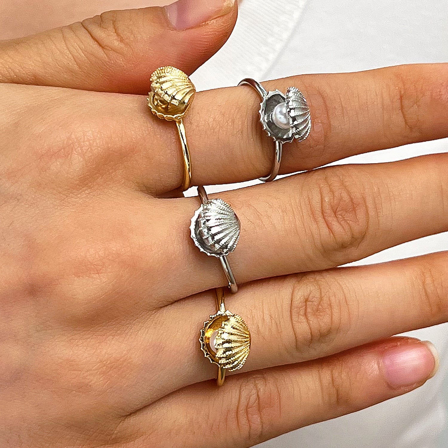 Wholesale Copper Pearl Zircon Shell Open Ring For Women Stylish Adjustable Jewelry Accessory Boutique Party Gift