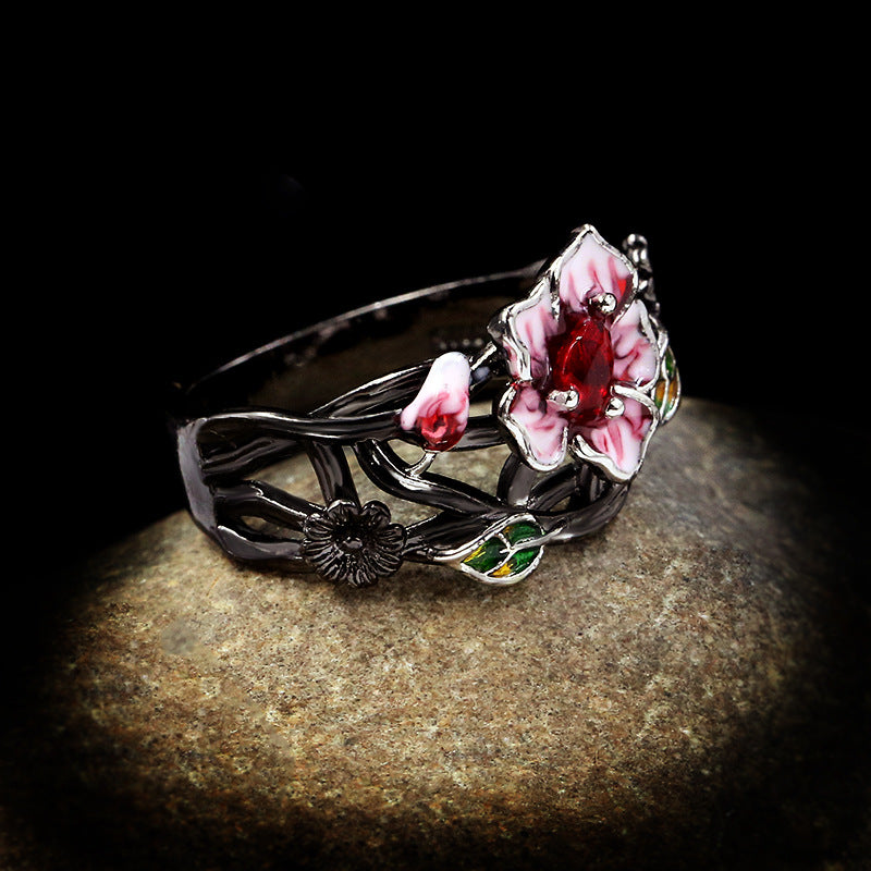 Wholesale Gothic style black gold plated two-tone flower ring