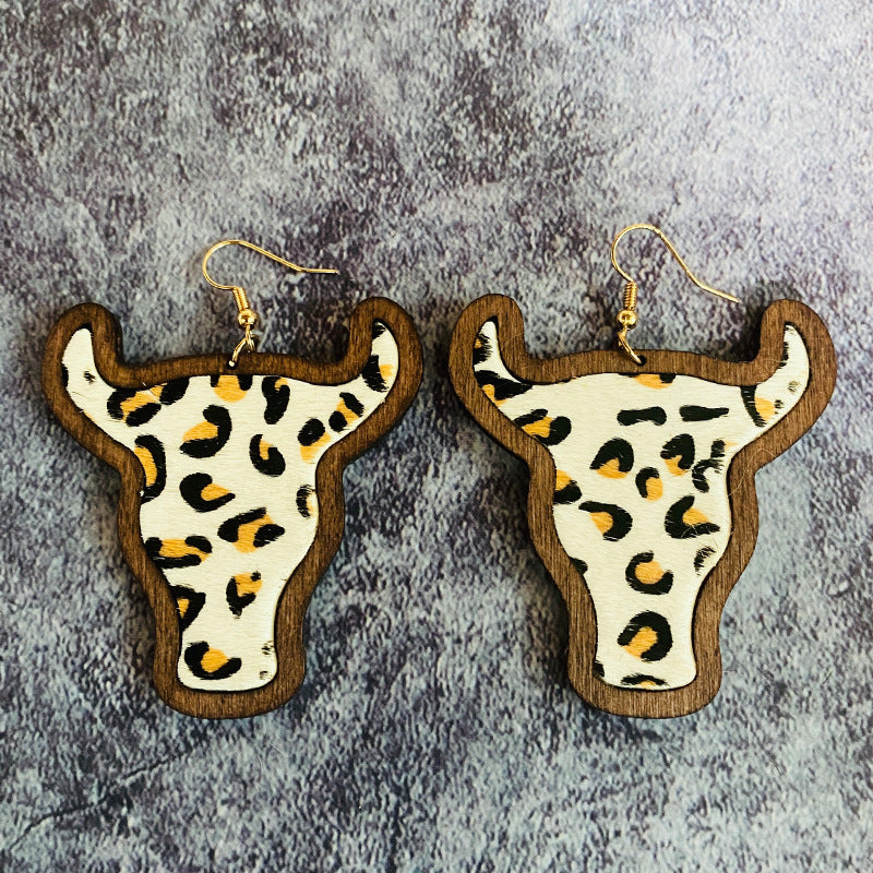 Wholesale Vintage Genuine Leather Western Bull Head Leopard Inlaid Wood Earrings ACC-ES-XinChuan065