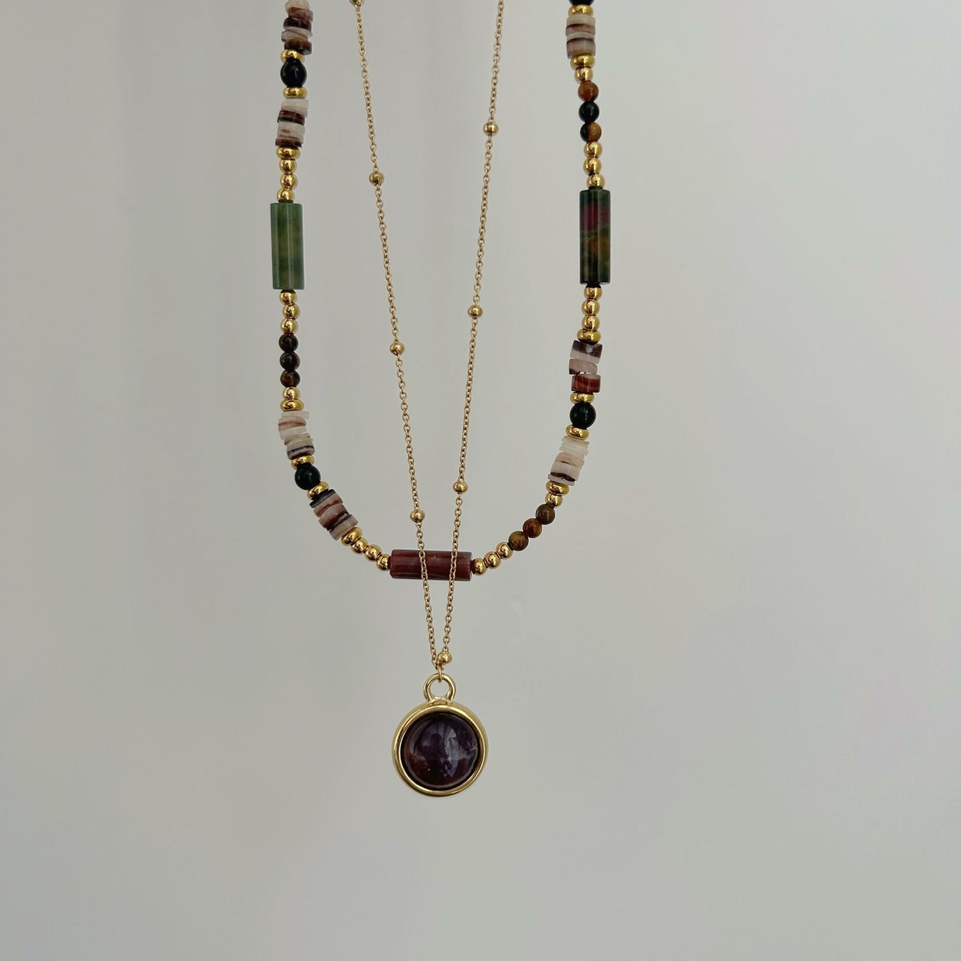 Wholesale Natural Stone Beaded Necklace Natural Amethyst Pendant Love Stainless Steel Necklace