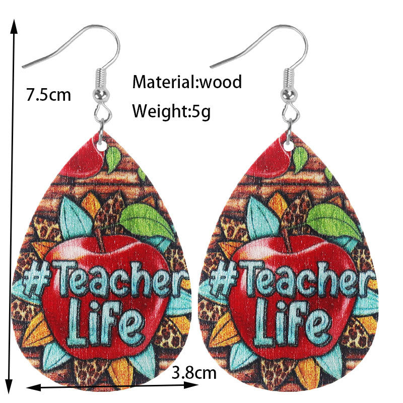 Wholesale Learning Leopard Apple Books Drop-shaped Wooden Earrings