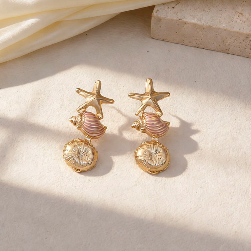 Wholesale Ocean-Inspired Textured Gold Conch and Starfish Stud Earrings