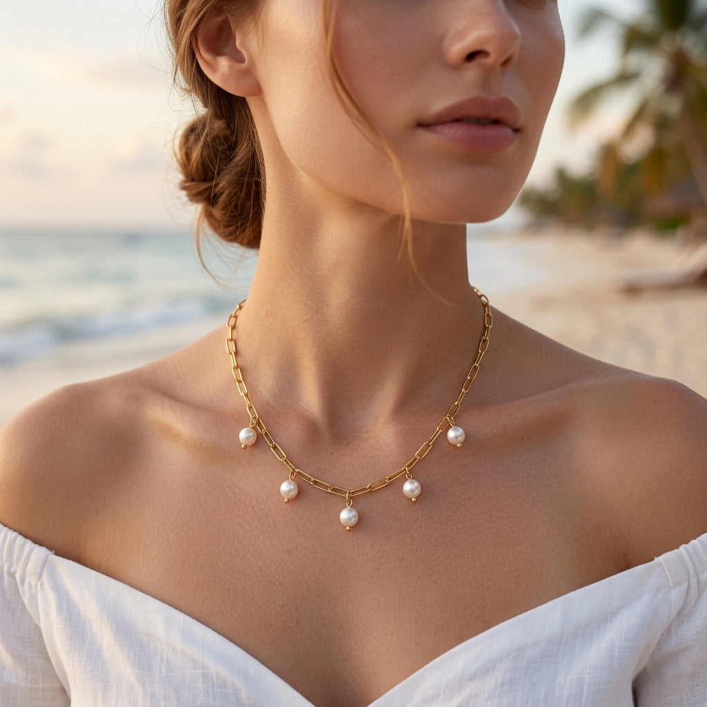 Wholesale Titanium Steel Pearl Multi Pendant Necklace Fashion Jewelry Accessory Women Gift