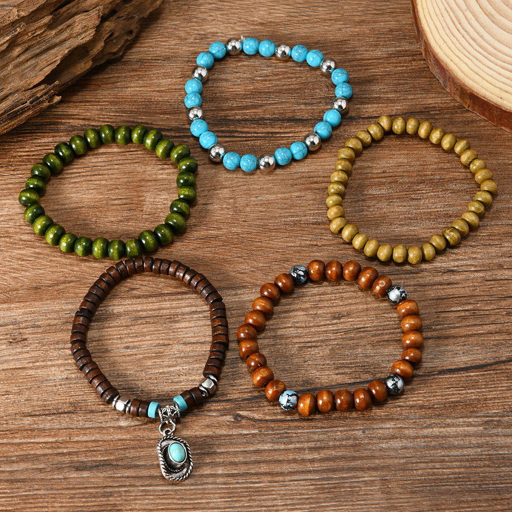 Wholesale Bohemian Style Wooden bead and Turquoise Handmade Bracelet Set