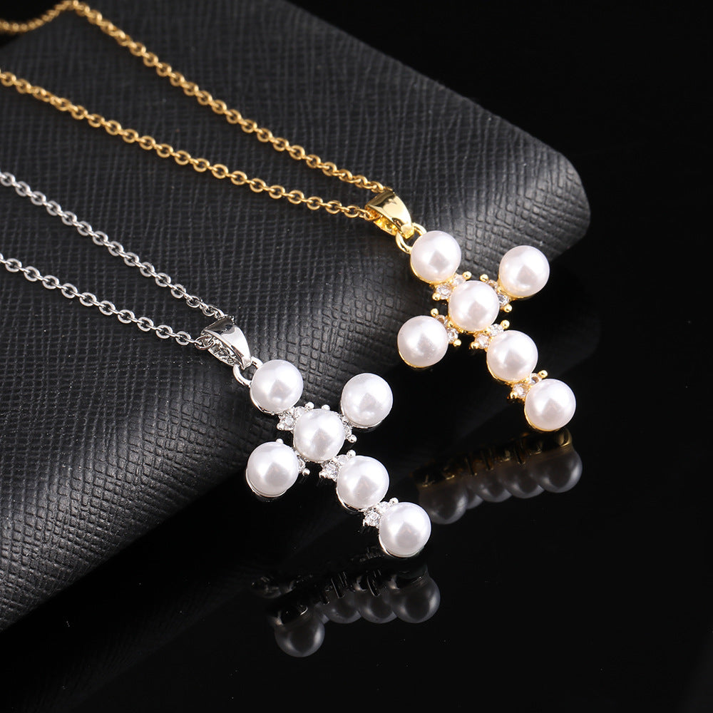 Wholesale Trendy 18K Gold Plated Pearl Cross Pendant Necklace For Women Fashion Jewelry Accessory