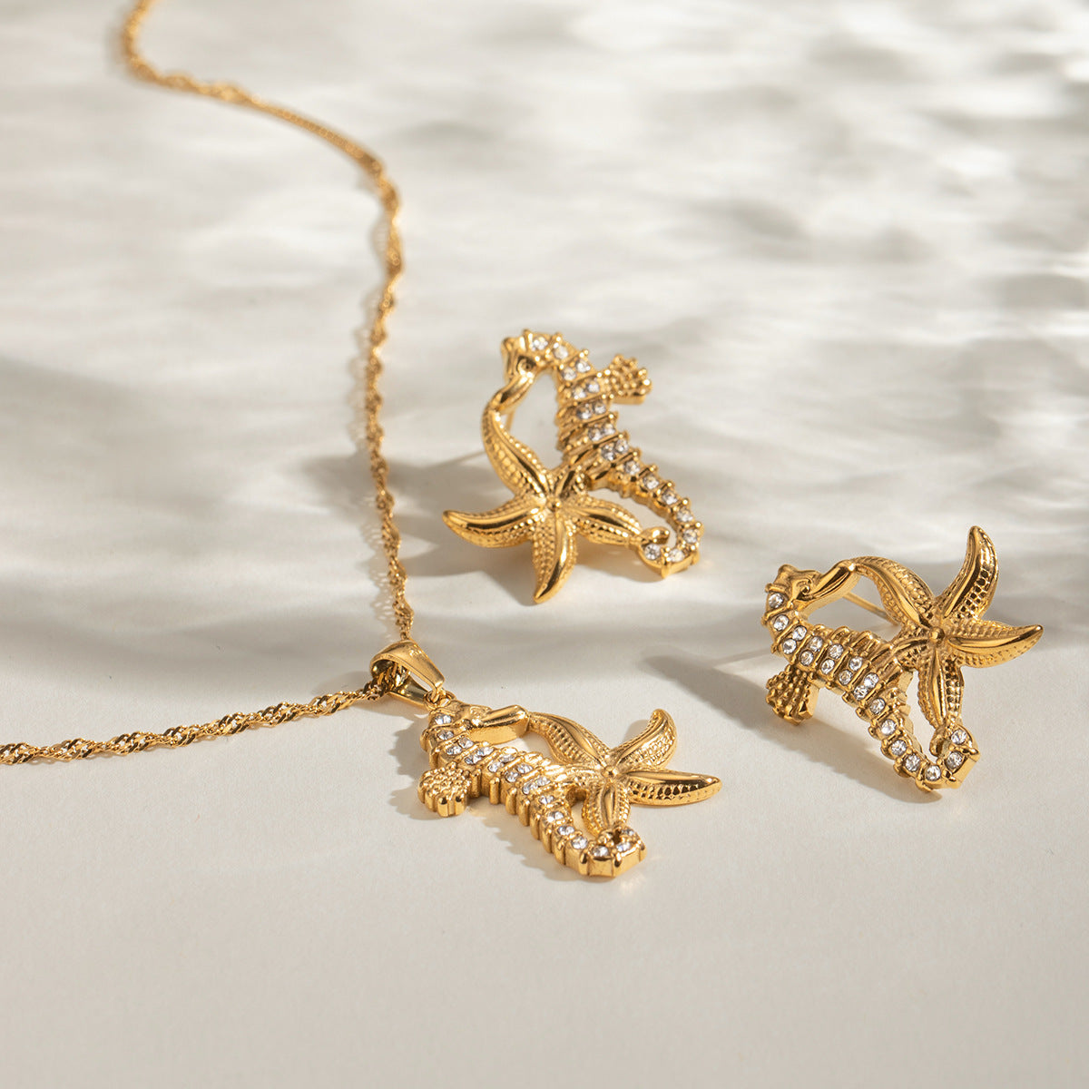Wholesale 18k Gold Stainless Steel Hippocampus Starfish Diamond Earrings Necklaces