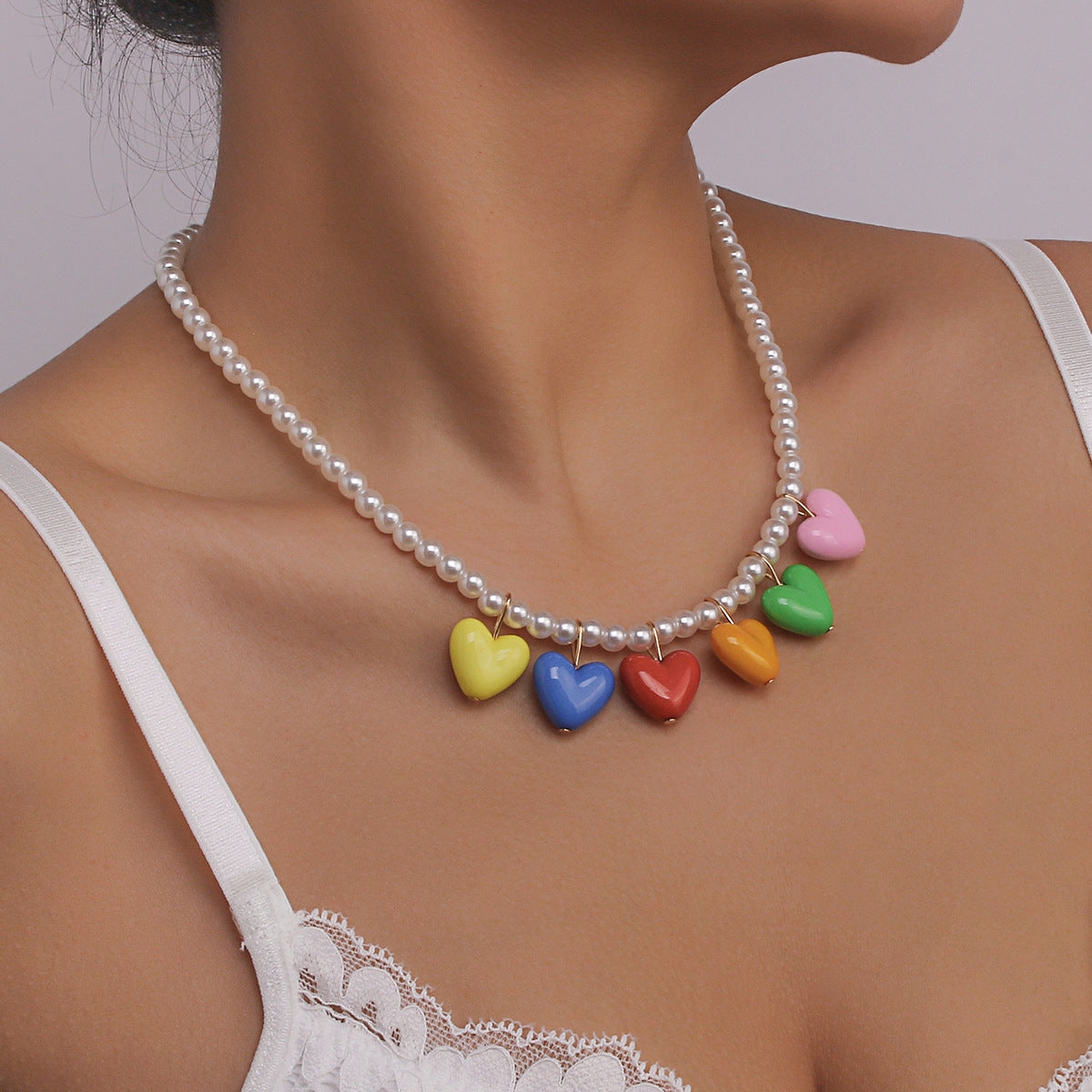 Wholesale  Rainbow Love Pendant Pearl Beaded Necklace