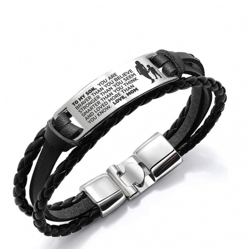 Wholesale Leather Steel Plate Bracelet,  Black Woven Steel Plate with Engraved Text,  Stainless Steel Tongue Clasp Leather Bracelet,  Three-Layer Leather Steel Plate Bracelet