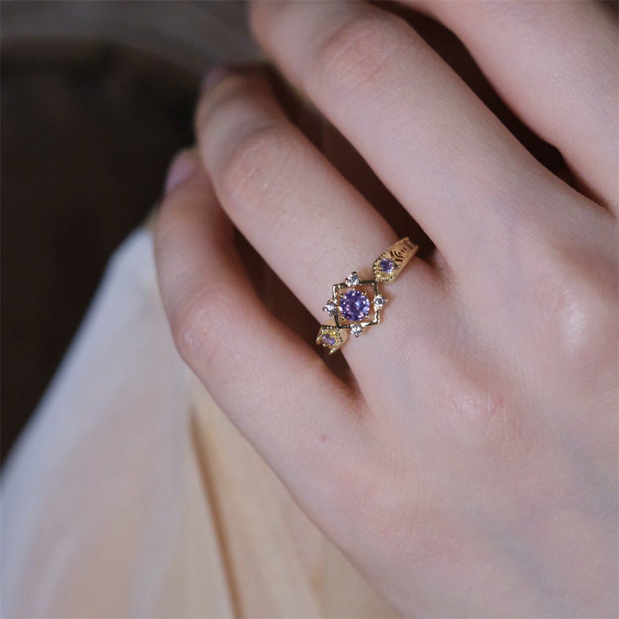 Wholesale Copper Electroplated Olive Green Zircon Ring French Retro Geometric Design Fashion Jewelry for Women