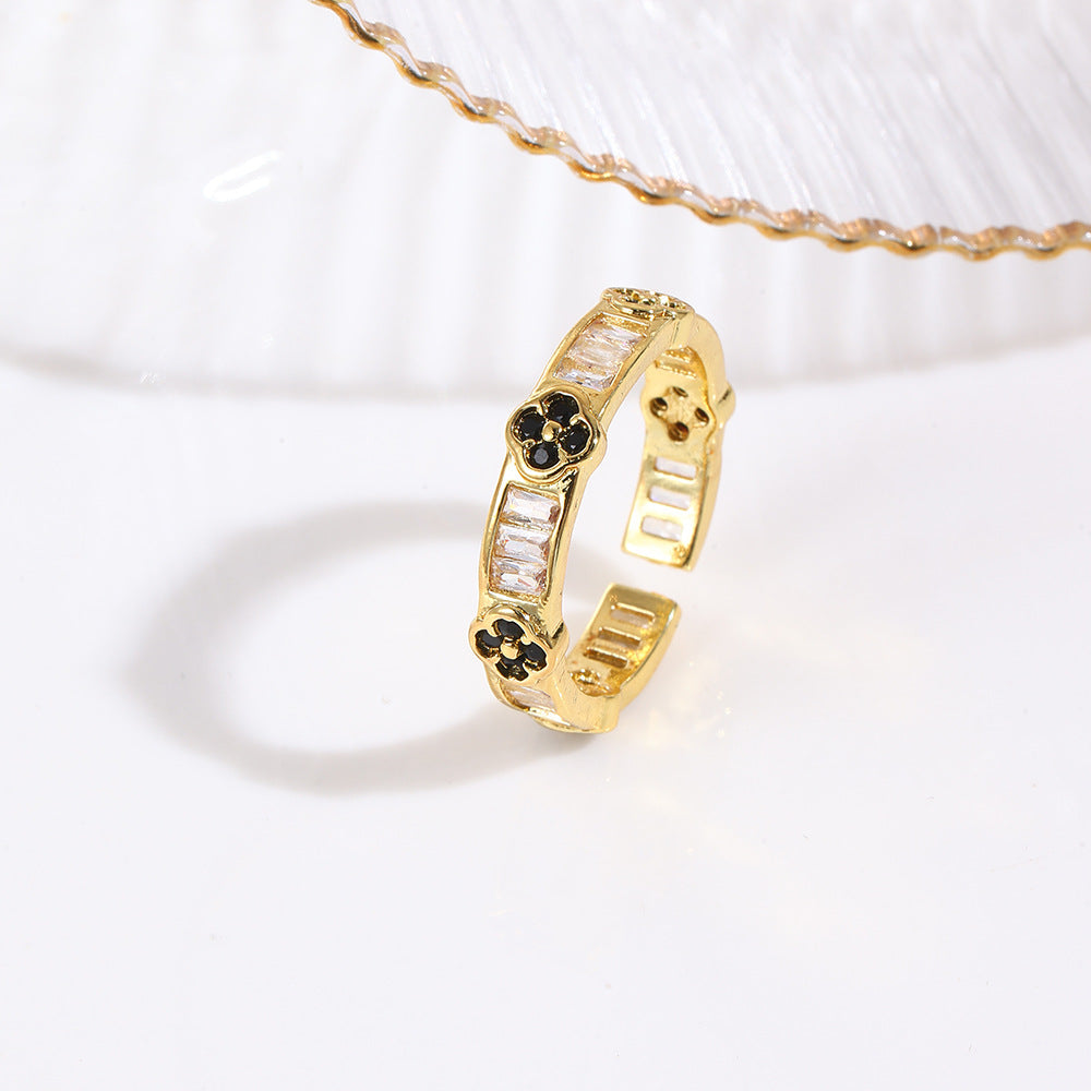 Wholesale Colorful zirconium four-leaf clover flower petal ring