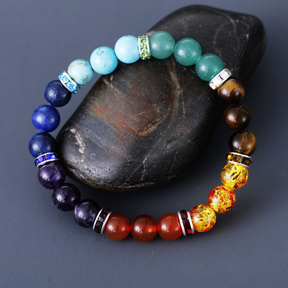 Wholesale Natural Stone Colorful Chakra Handmade Beaded Elastic Couple Bracelets ACC-BT-LZ007