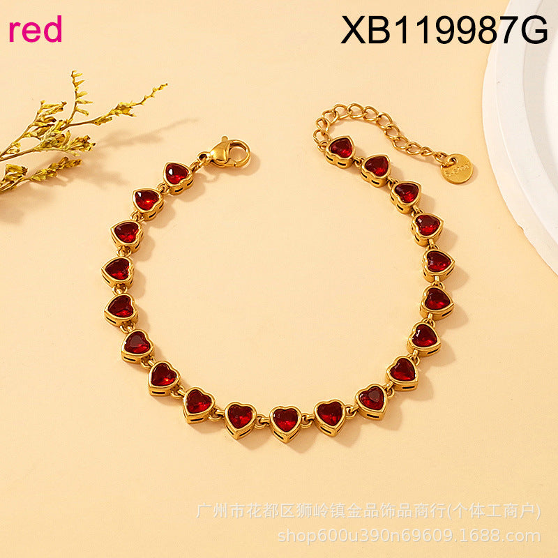Wholesale Luxury Stainless Steel Colored Zircon Heart Bracelet