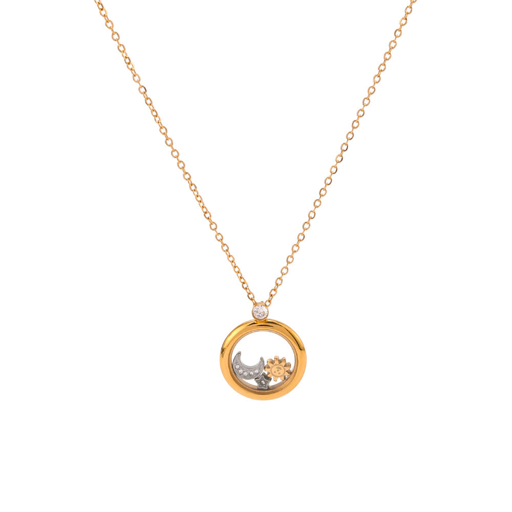 Wholesale Stainless Steel Geometric Round Pendant Plated with 18K Moon and Sun Necklace