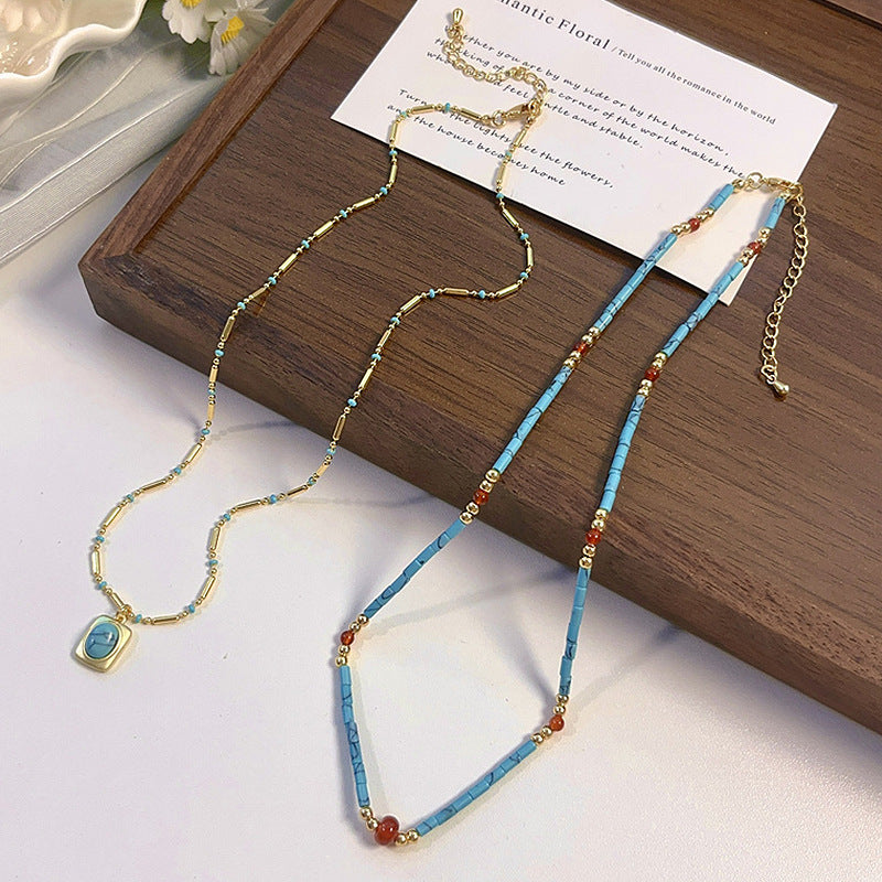 Wholesale Azure Turquoise Stacked Bead Necklace - Chic Layering Jewelry,  Boutique Resale Accessory