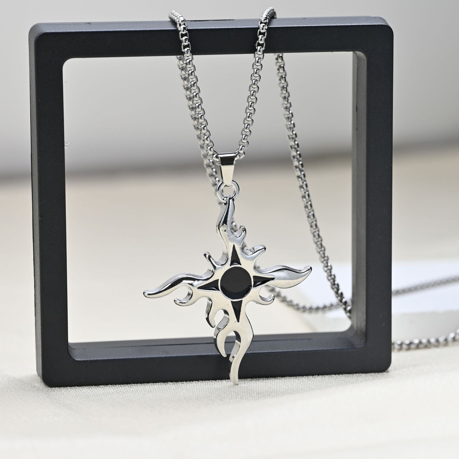 Wholesale Alloy Flame Cross Pendant Hip Hop Necklace For Men Street Style Long Chain Jewelry Accessory