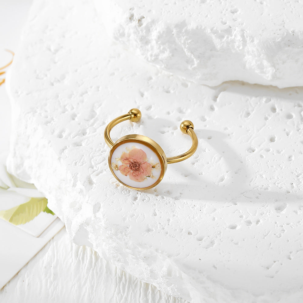 Wholesale Chic Adjustable Stainless Steel Ring With Dried Flower Boutique Resale Jewelry Accessory