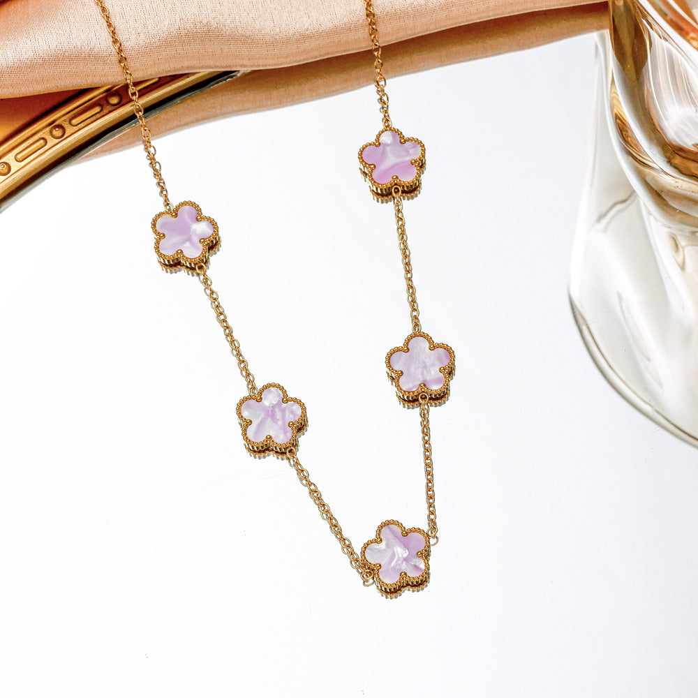 Wholesale Five Leaf Clover Pendant Necklace Pink Gradient Stainless Steel Jewelry Accessory
