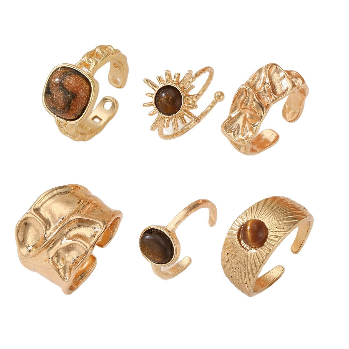 Wholesale Vintage Adjustable Natural Stone Ring Set 6 Piece Gold Tone Alloy Geometric Jewelry Accessory For Women