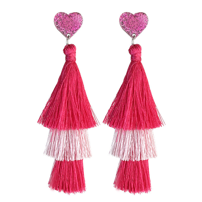 Wholesale 2 pairs/pack Valentine's Day Pink Multi-layer Heart Tassel Earrings ACC-ES-HY212