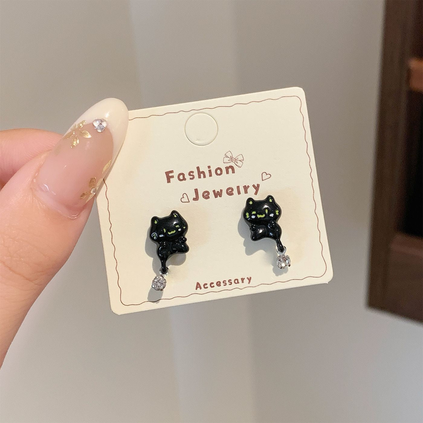 Wholesale Trendy Black Cat Earring Set,  Cute Cat Tail Design,  Silver Needle,  Zinc Alloy Drip Oil,  Everyday Jewelry Accessory
