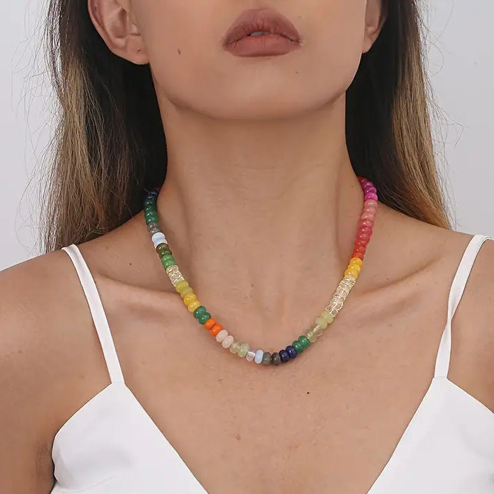 Wholesale  Rainbow Color Natural Stone Necklace  Bohemian Beaded Beach Necklace