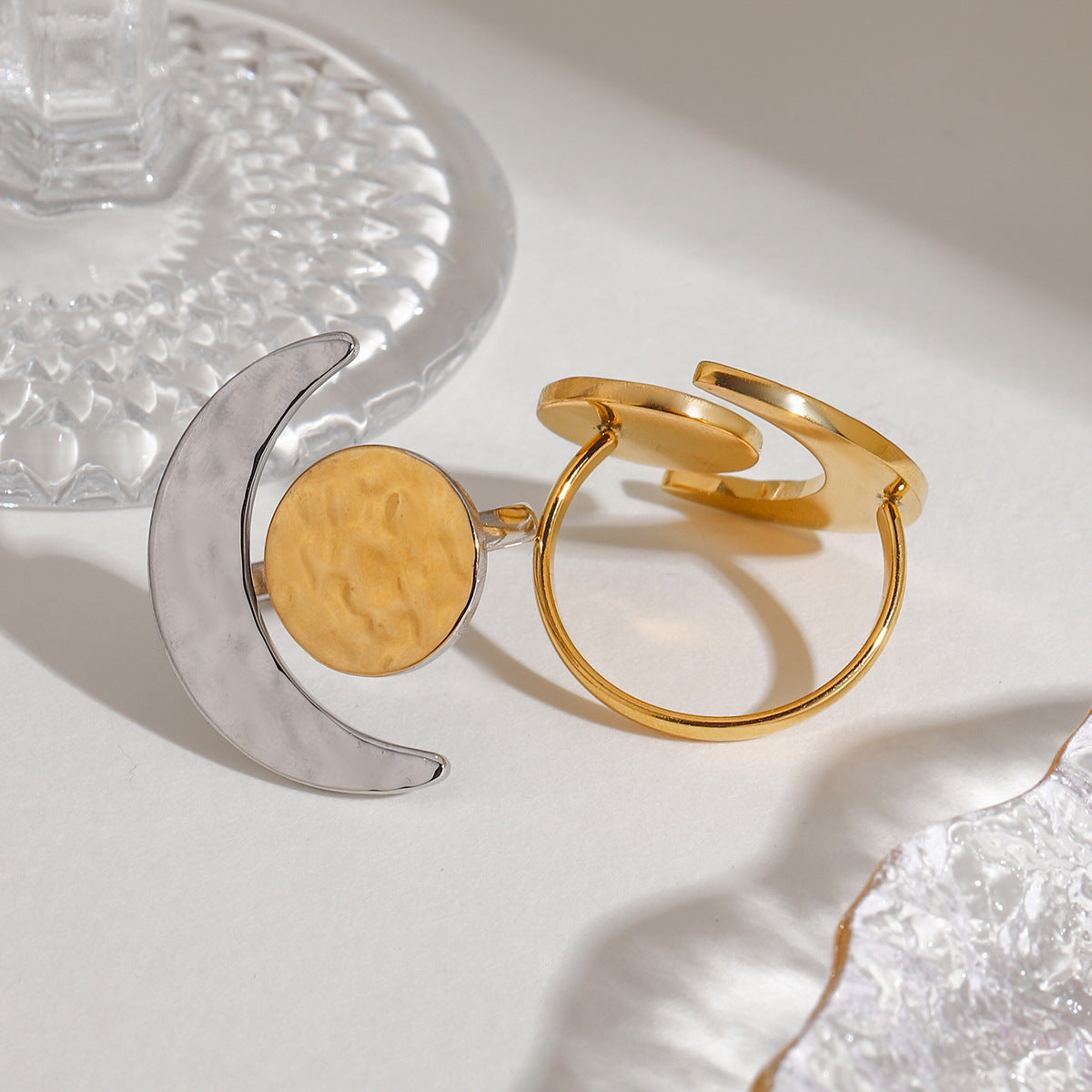 Wholesale  18K Gold Stainless Steel Hammered Moon and Sun Adjustable Open Ring
