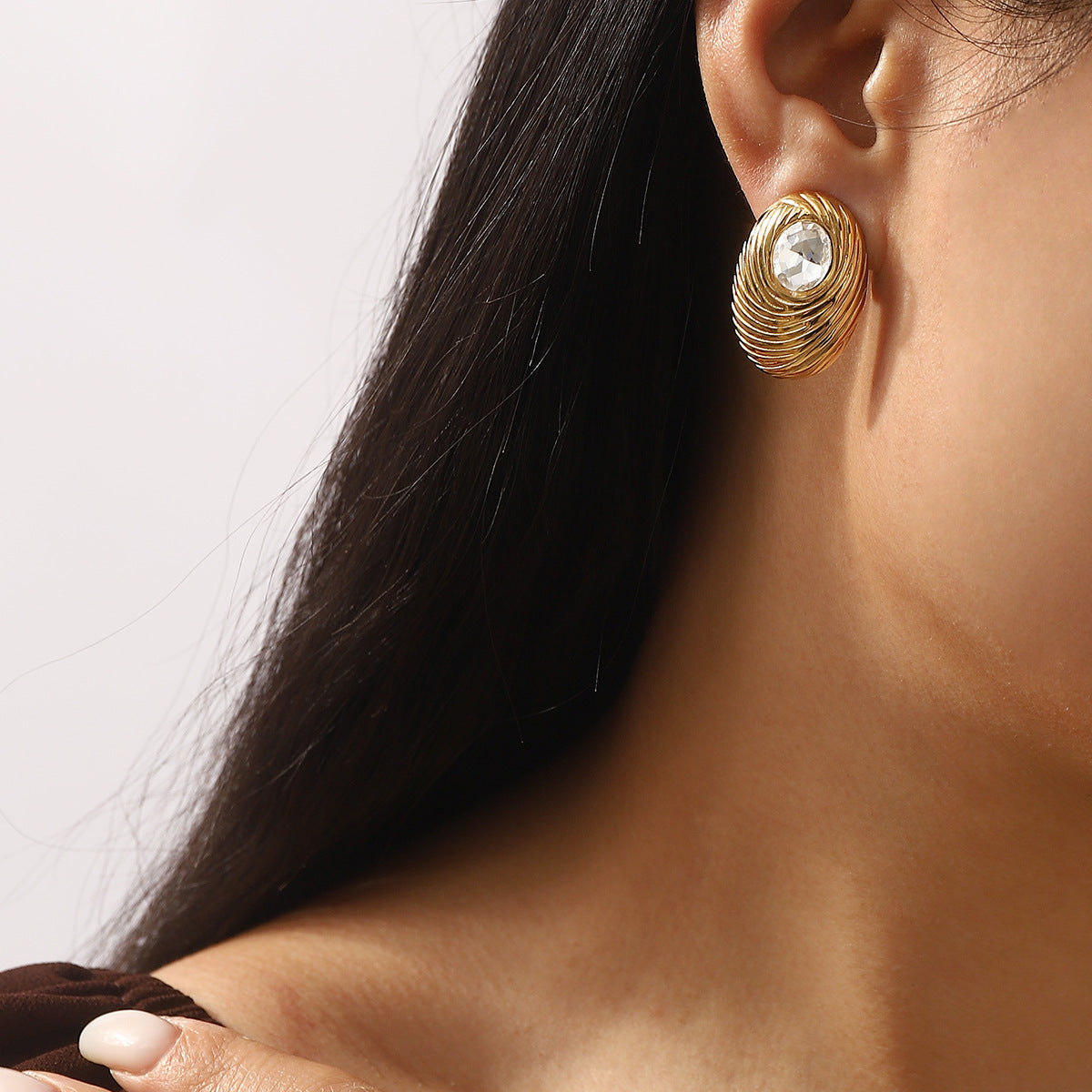 Wholesale Stainless Steel Plated Gold Thread Fingerprint Rhineston Earrings