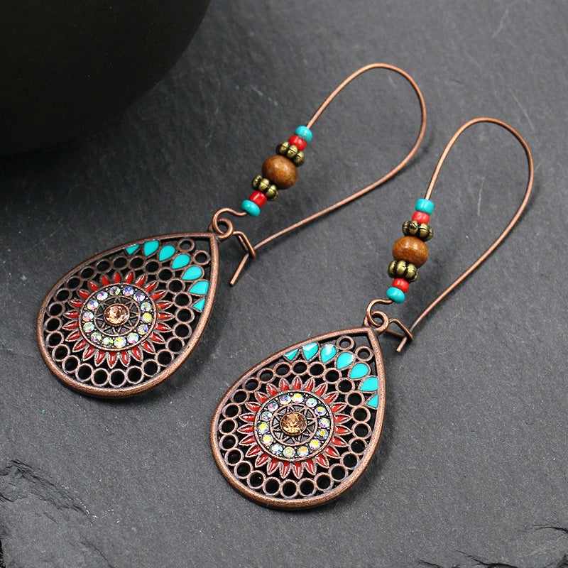 Wholesale hollow alloy retro color  diamond flower  earrings