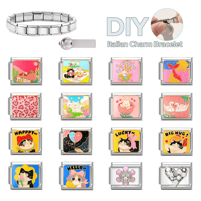 Wholesale 9mm Italian Charm Starter Bracelets DIY square Single Section Creative Stainless Steel Composable Bracelet