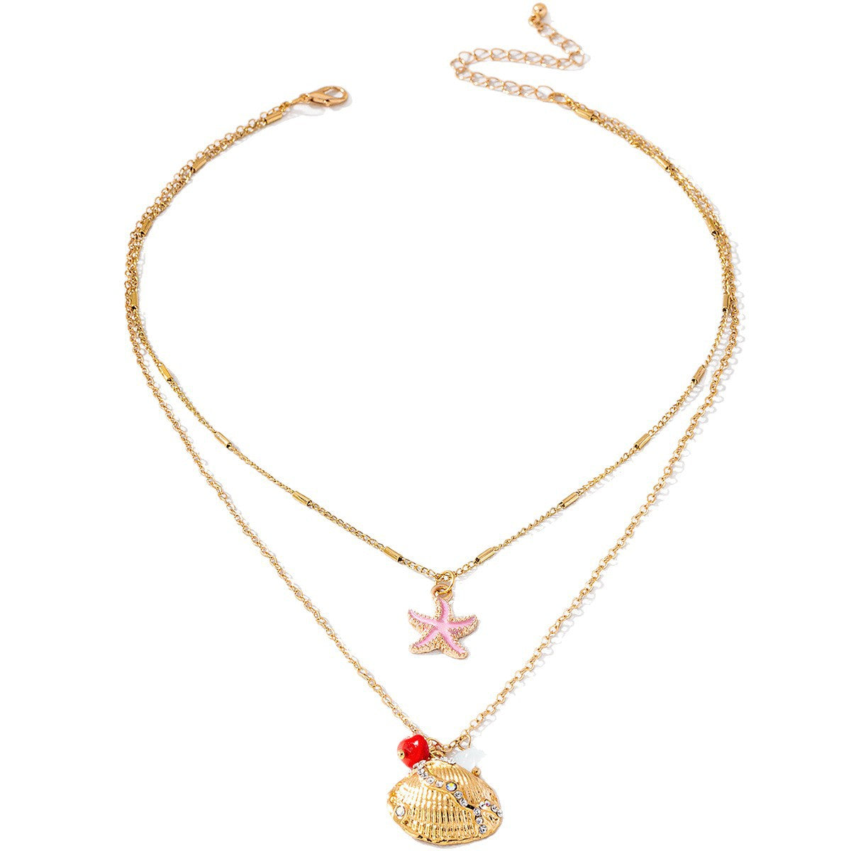 Wholesale Trendy Ocean Themed Layered Necklace Pink Starfish Rhinestone Shell Pendant Women S Fashion Jewelry Gift