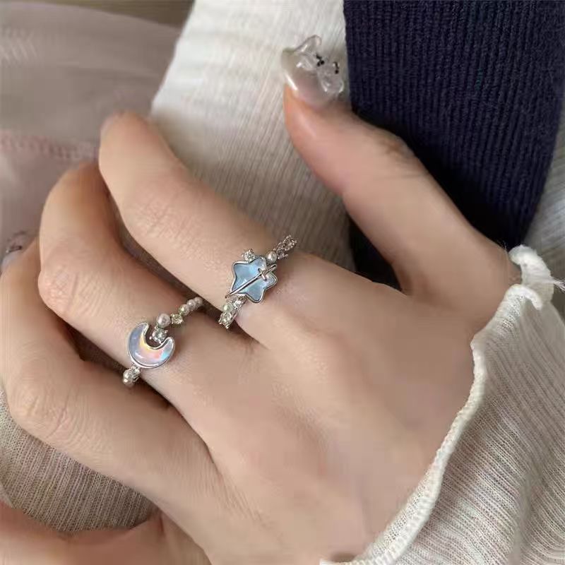 Wholesale Adjustable Lace Pearl Zircon Ring Women Star Moon Glacier Blue Design Open Ring Jewelry Gift Boutique Resale